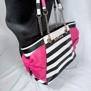 Betsey Johnson Pink & Black Striped Tote with Bow Details